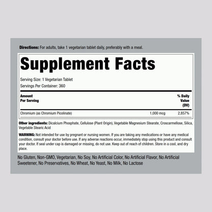 Piping Rock Chromium Picolinate 1000mcg - 360 Tablets | Vegetarian, Non-GMO, Gluten Free | Pack of 2