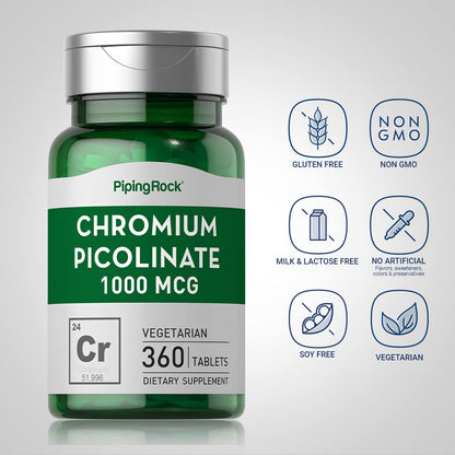 Piping Rock Chromium Picolinate 1000mcg - 360 Tablets | Vegetarian, Non-GMO, Gluten Free | Pack of 2