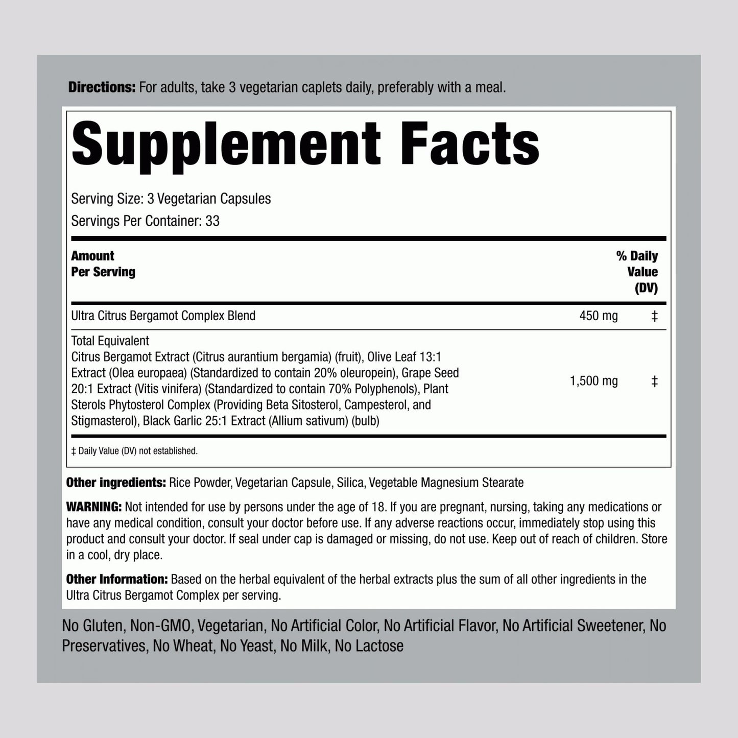 Piping Rock Citrus Bergamot Extract 1500mg | 100 Capsules | Vegetarian, Non-GMO, Gluten Free