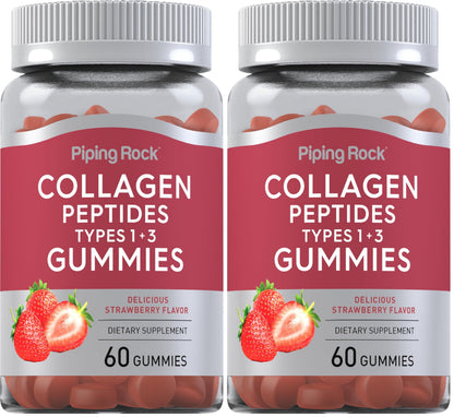 Piping Rock Collagen Gummies – 60 Count, Type I & III, Strawberry, Non-GMO, Gluten Free (Pack of 2)
