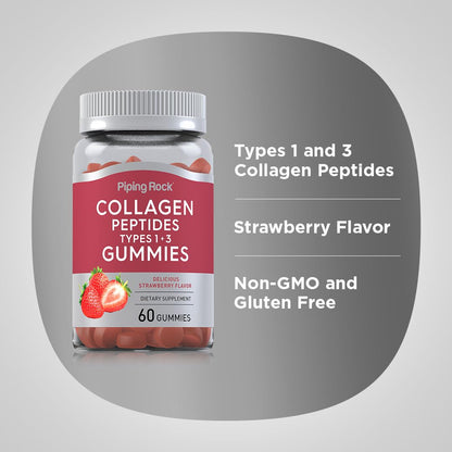 Piping Rock Collagen Gummies – 60 Count, Type I & III, Strawberry, Non-GMO, Gluten Free (Pack of 2)