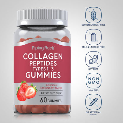 Piping Rock Collagen Gummies – 60 Count, Type I & III, Strawberry, Non-GMO, Gluten Free (Pack of 2)