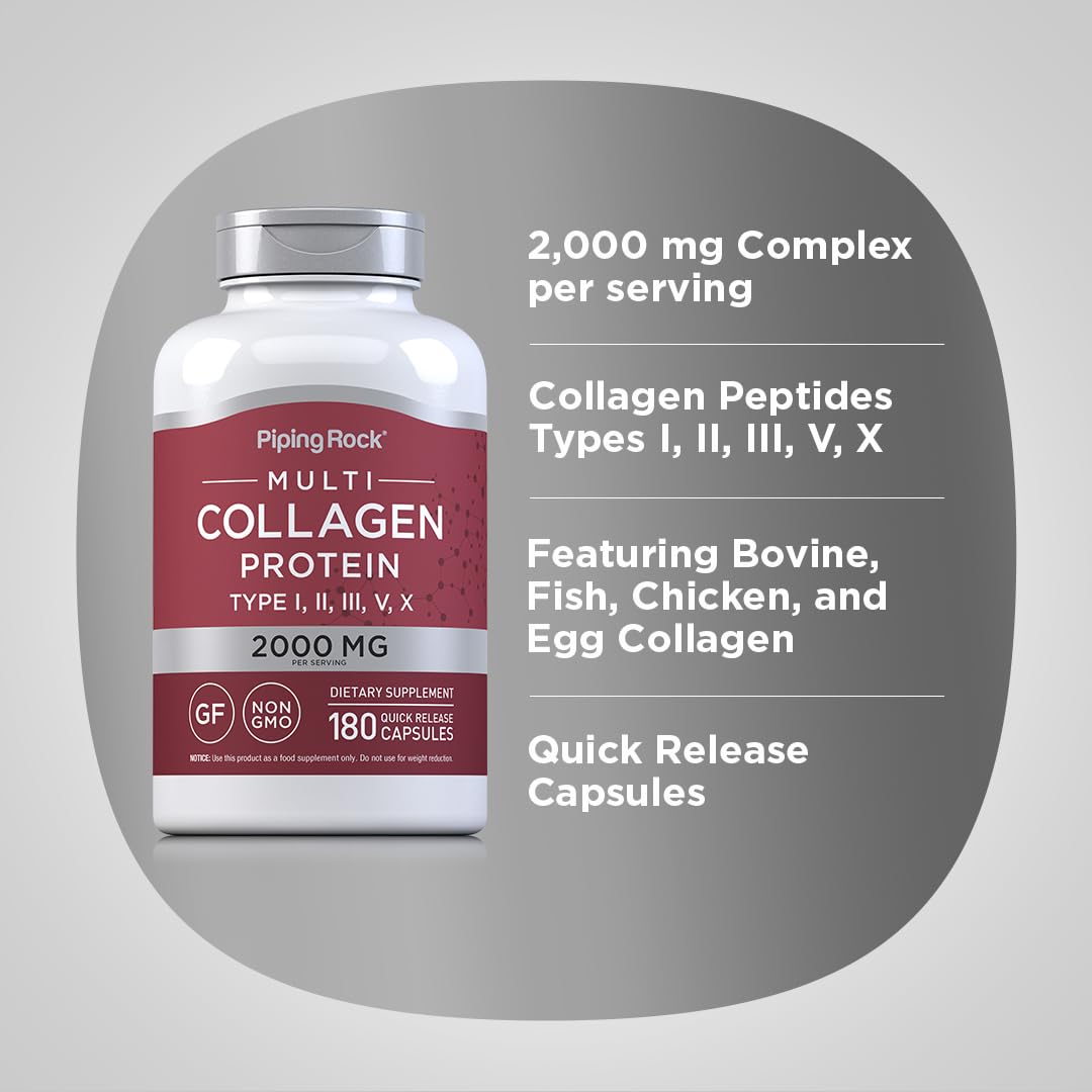 Piping Rock Multi Collagen Protein Capsules | 180 Count | 2000mg | Types I, II, III, V, X | Pack of 2