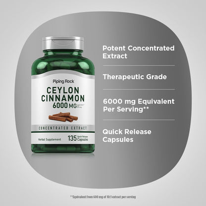 Piping Rock Ceylon Cinnamon 6000 mg - 135 Capsules | Concentrated Herbal Extract | Non-GMO, Gluten Free