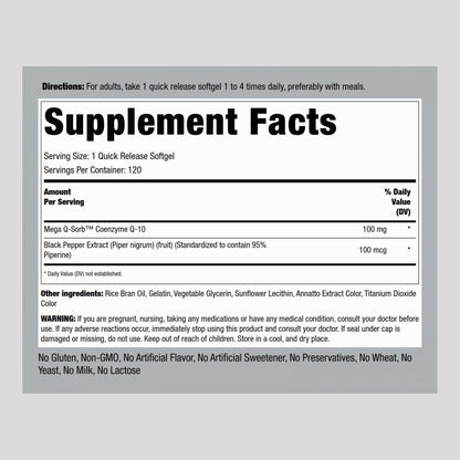 Piping Rock CoQ10 100mg | 120 Softgels | Black Pepper Extract | Non-GMO, Gluten Free (Pack of 2)