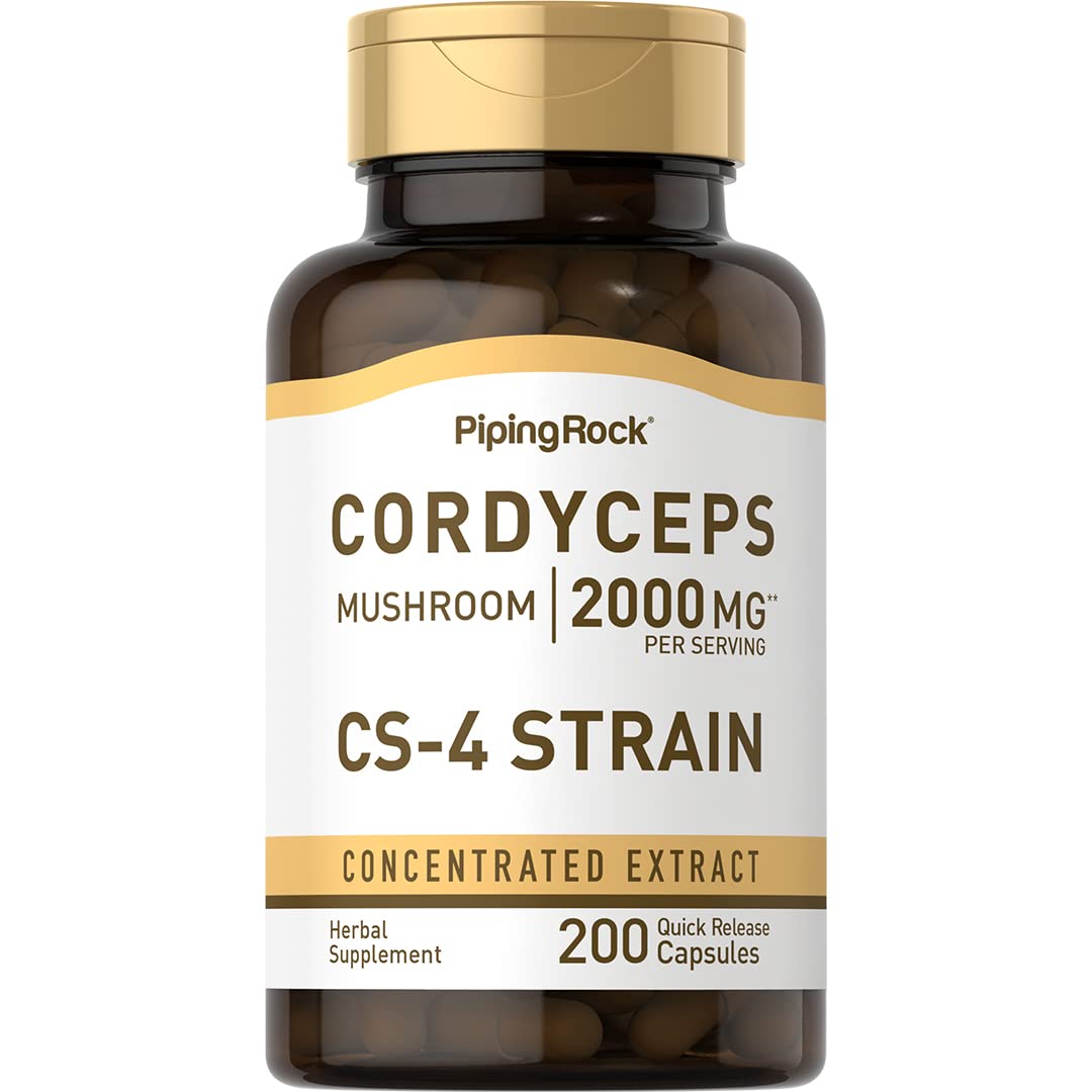 Piping Rock Cordyceps Mushroom Capsules 2000mg – 200 Count | CS-4 Strain | Concentrated Extract | Herbal Supplement | Non-GMO, Gluten Free