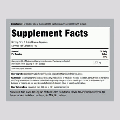 Piping Rock Cordyceps Mushroom Capsules 2000mg – 200 Count | CS-4 Strain | Concentrated Extract | Herbal Supplement | Non-GMO, Gluten Free