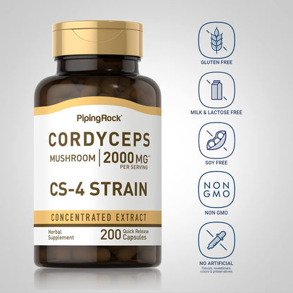 Piping Rock Cordyceps Mushroom Capsules 2000mg – 200 Count | CS-4 Strain | Concentrated Extract | Herbal Supplement | Non-GMO, Gluten Free