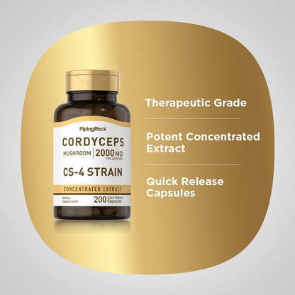 Piping Rock Cordyceps Mushroom Capsules 2000mg – 200 Count | CS-4 Strain | Concentrated Extract | Herbal Supplement | Non-GMO, Gluten Free