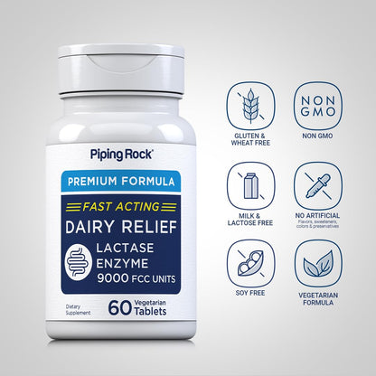 Piping Rock Dairy Relief Pills – Lactase Enzyme Supplement, 9000 FCC, 60 Tablets, Vegetarian, Non-GMO, Gluten Free