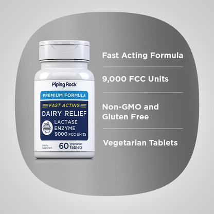 Piping Rock Dairy Relief Pills – Lactase Enzyme Supplement, 9000 FCC, 60 Tablets, Vegetarian, Non-GMO, Gluten Free