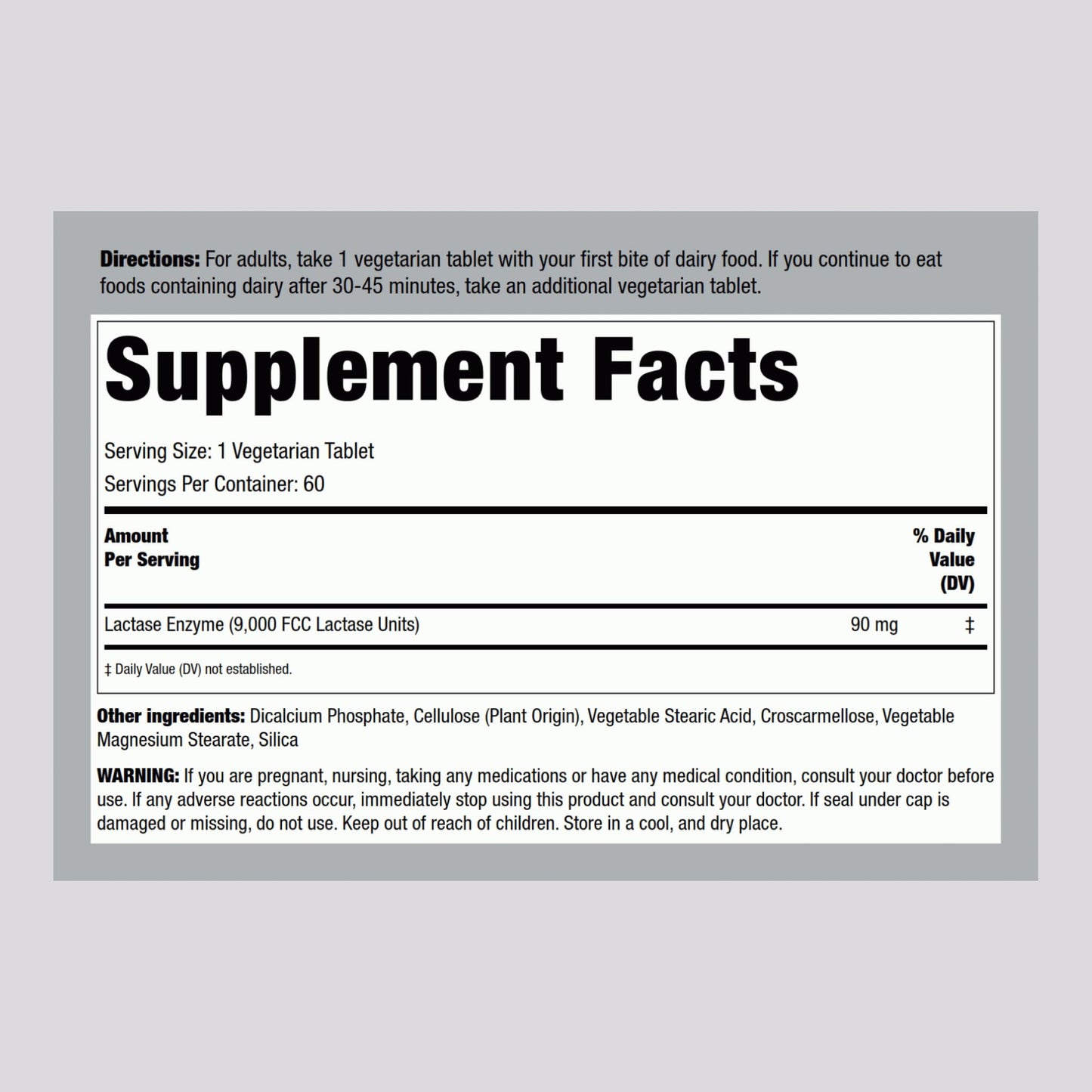Piping Rock Dairy Relief Pills – Lactase Enzyme Supplement, 9000 FCC, 60 Tablets, Vegetarian, Non-GMO, Gluten Free