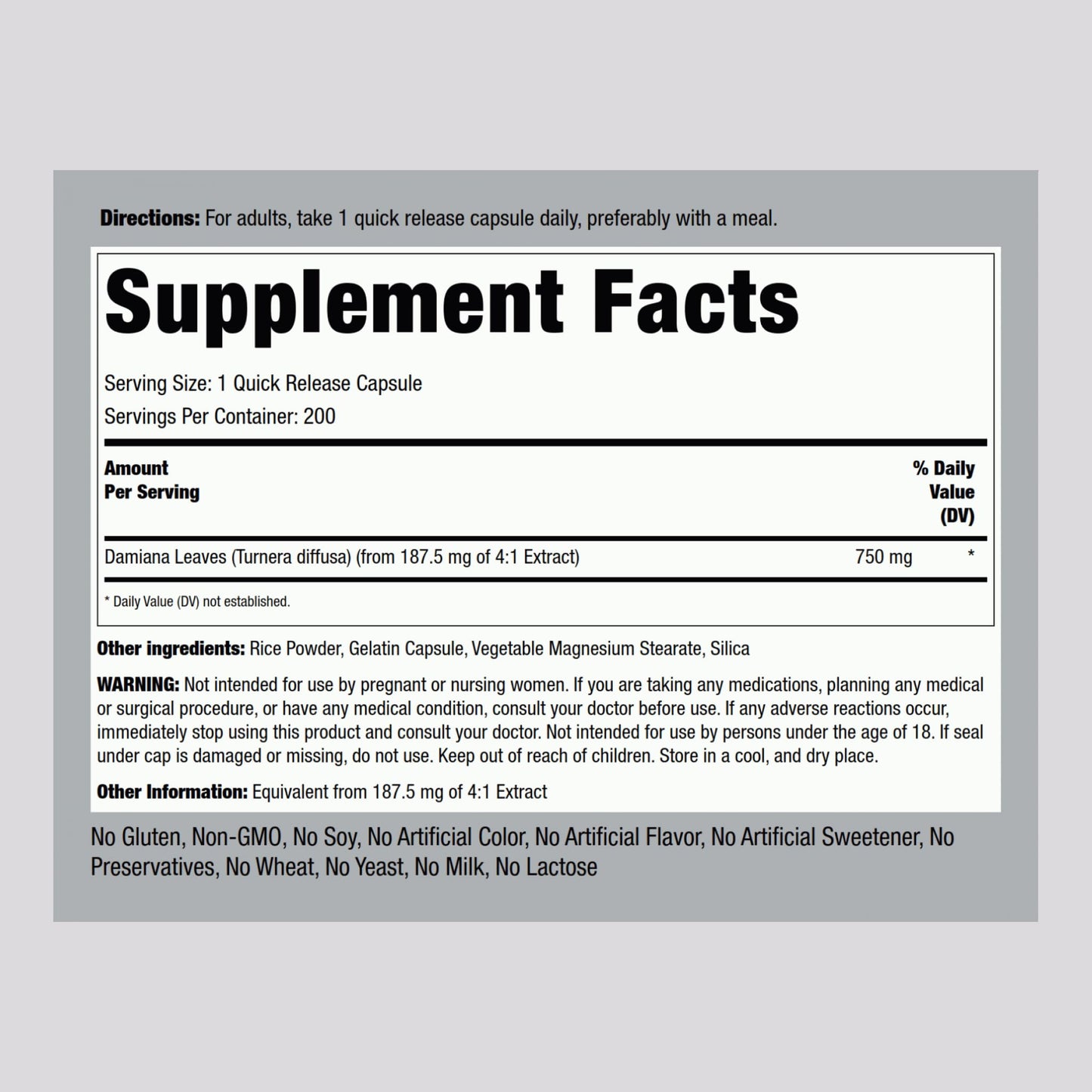 Piping Rock Damiana Leaf Capsules | 750 mg | 200 Count | Non-GMO, Gluten Free