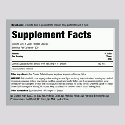Piping Rock Damiana Leaf Capsules | 750 mg | 200 Count | Non-GMO, Gluten Free