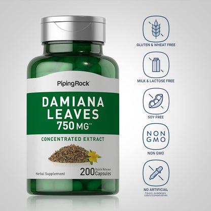 Piping Rock Damiana Leaf Capsules | 750 mg | 200 Count | Non-GMO, Gluten Free