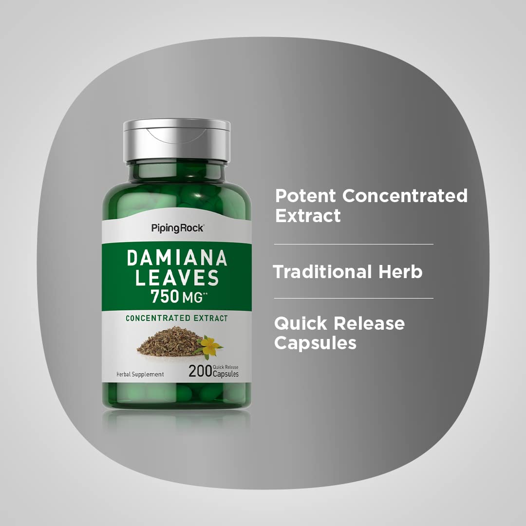 Piping Rock Damiana Leaf Capsules | 750 mg | 200 Count | Non-GMO, Gluten Free