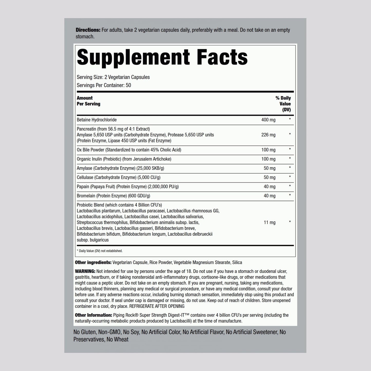 Piping Rock Digestive Enzymes with Probiotics & Prebiotics - 100 Capsules