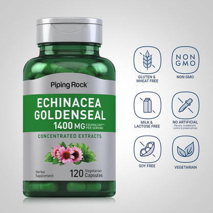Piping Rock Echinacea Goldenseal Capsules 1400mg – 120 Vegetarian Capsules | Non-GMO, Gluten Free
