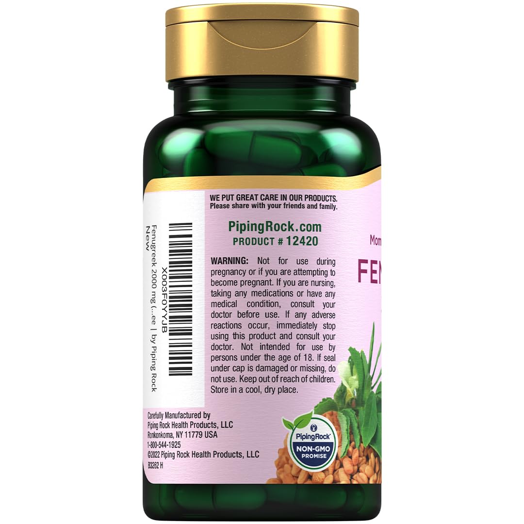 Piping Rock Fenugreek Capsules 2000mg | 100 Pills | Pack of 2 | Non-GMO, Gluten Free