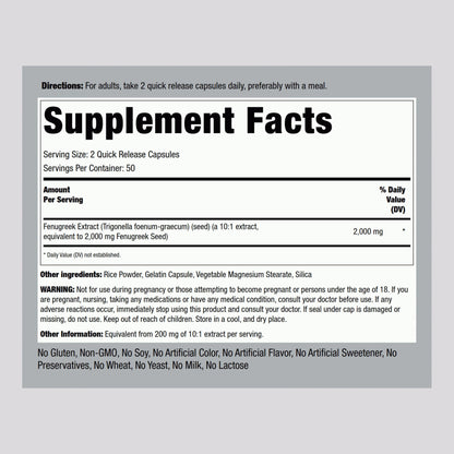 Piping Rock Fenugreek Capsules 2000mg | 100 Pills | Pack of 2 | Non-GMO, Gluten Free