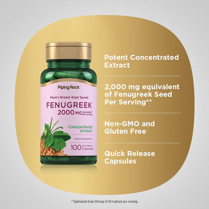 Piping Rock Fenugreek Capsules 2000mg | 100 Pills | Pack of 2 | Non-GMO, Gluten Free