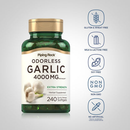 Piping Rock Odorless Garlic Softgels – 4000mg, 240 Count | Extra Strength | Non-GMO & Gluten Free