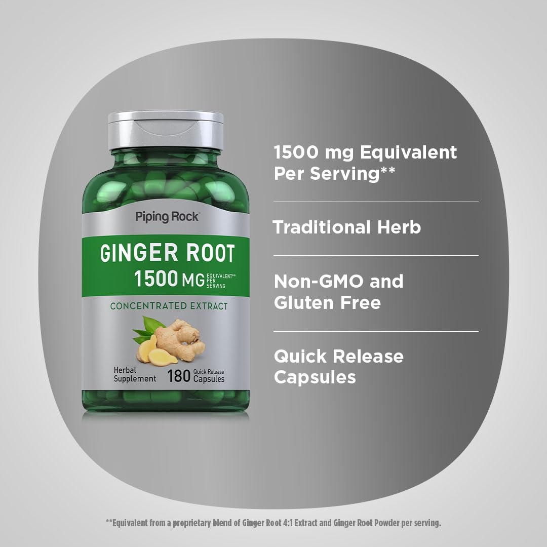 Piping Rock Ginger Root Capsules - 1500 mg, 180 Count | Non-GMO, Gluten Free