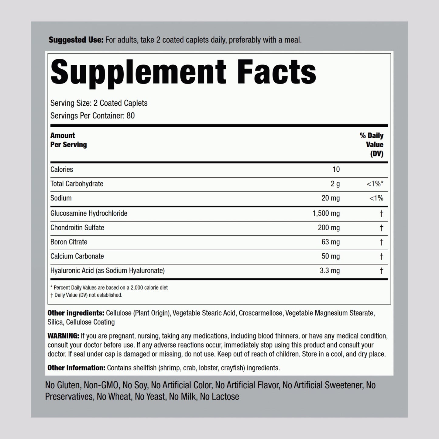 Piping Rock Glucosamine Chondroitin with Hyaluronic Acid – 160 Caplets (Pack of 2)