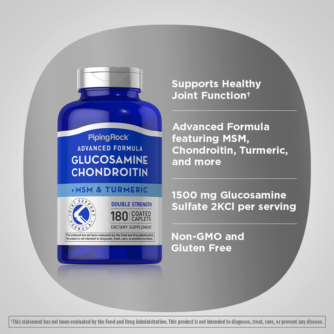 Piping Rock Glucosamine Chondroitin MSM Plus Turmeric – 180 Caplets | Double Strength