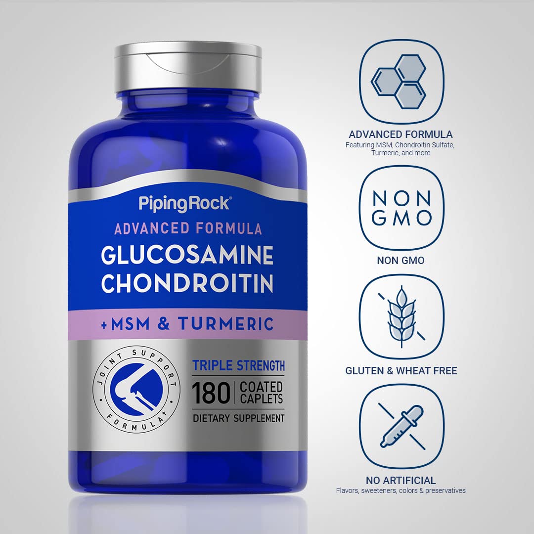 Piping Rock Glucosamine Chondroitin MSM Turmeric – 180 Caplets, Triple Strength (Pack of 2) | Non-GMO & Gluten Free