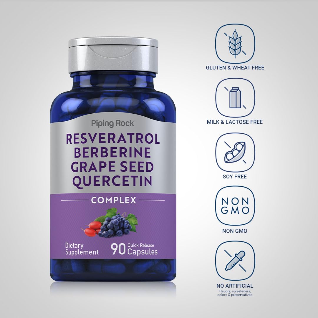 Piping Rock Resveratrol Berberine Grape Seed & Quercetin Complex – 90 Capsules | Non-GMO, Gluten Free
