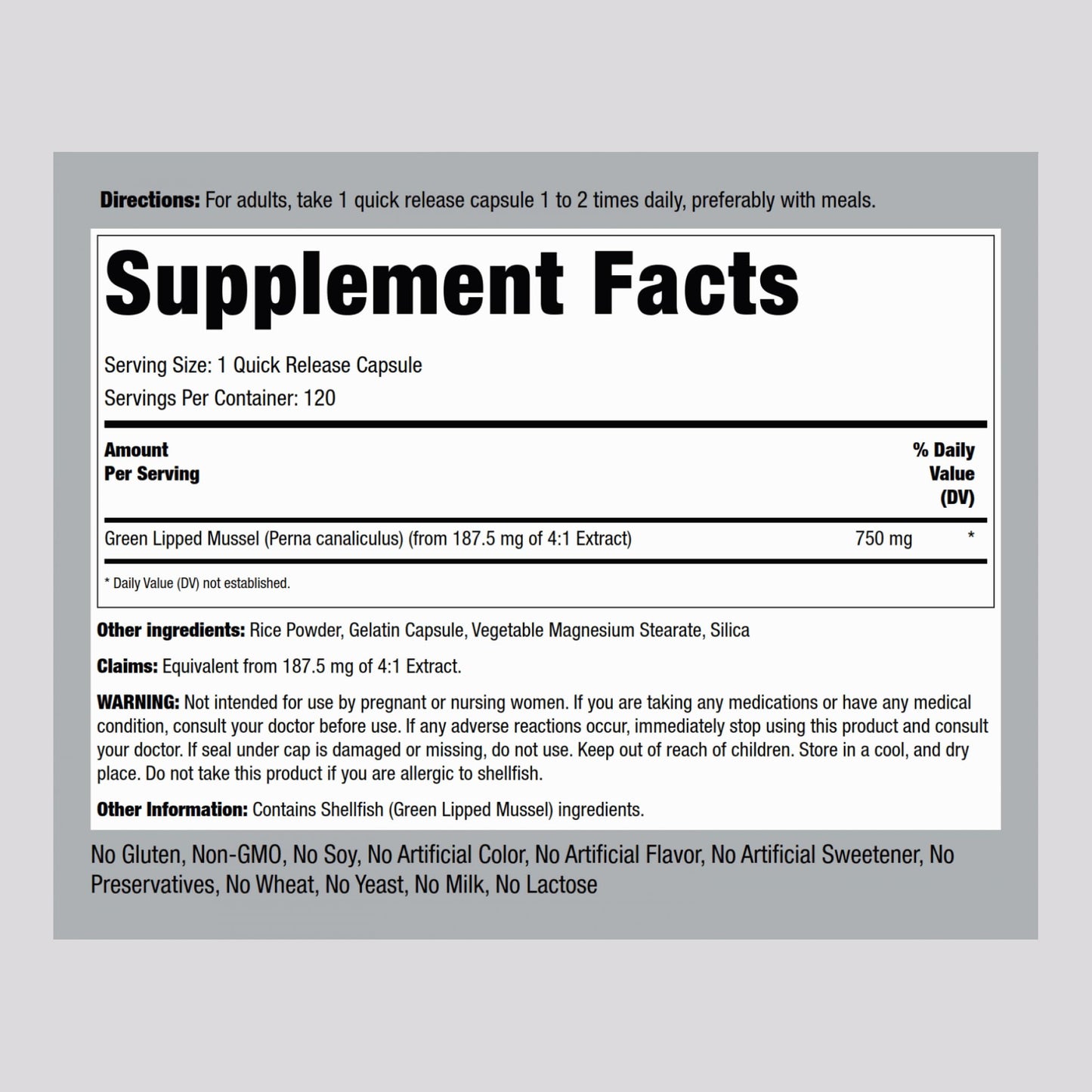 Piping Rock Green Lipped Mussel 750mg – 120 Capsules | NZ Freeze-Dried, Non-GMO, Gluten Free