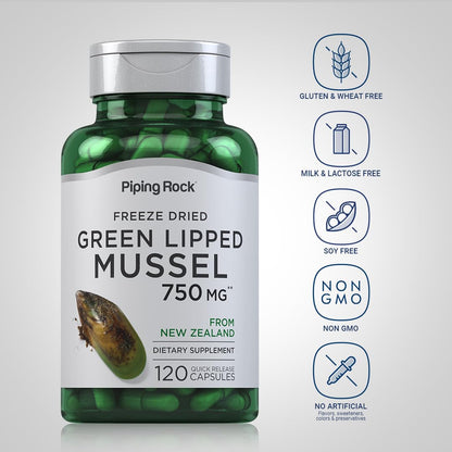 Piping Rock Green Lipped Mussel 750mg – 120 Capsules | NZ Freeze-Dried, Non-GMO, Gluten Free