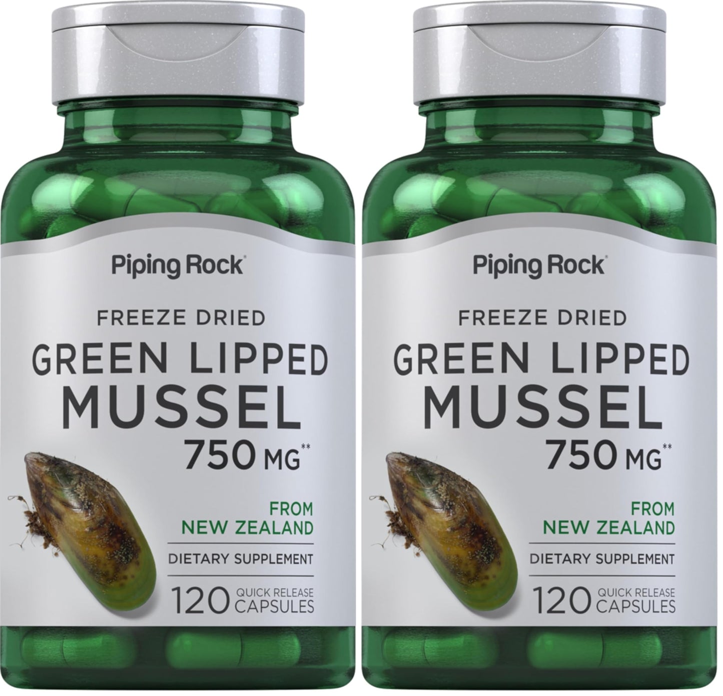 Piping Rock Green Lipped Mussel 750mg | 120 Capsules | NZ Freeze Dried | Non-GMO, Gluten Free (Pack of 2)