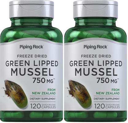 Piping Rock Green Lipped Mussel 750mg | 120 Capsules | NZ Freeze Dried | Non-GMO, Gluten Free (Pack of 2)