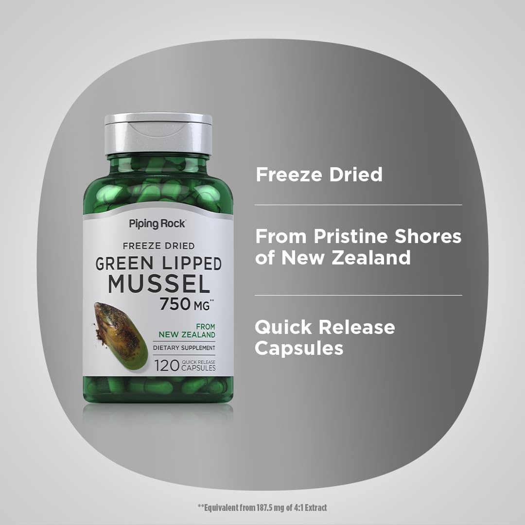 Piping Rock Green Lipped Mussel 750mg | 120 Capsules | NZ Freeze Dried | Non-GMO, Gluten Free (Pack of 2)