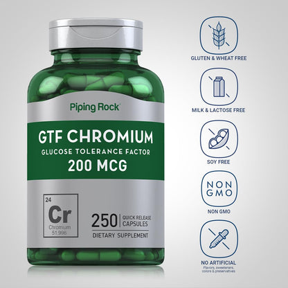 Piping Rock GTF Chromium 200 mcg | 250 Capsules | Glucose Tolerance Factor Supplement | Non-GMO & Gluten Free (Pack of 2)