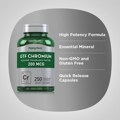Piping Rock GTF Chromium 200 mcg | 250 Capsules | Glucose Tolerance Factor Supplement | Non-GMO & Gluten Free (Pack of 2)