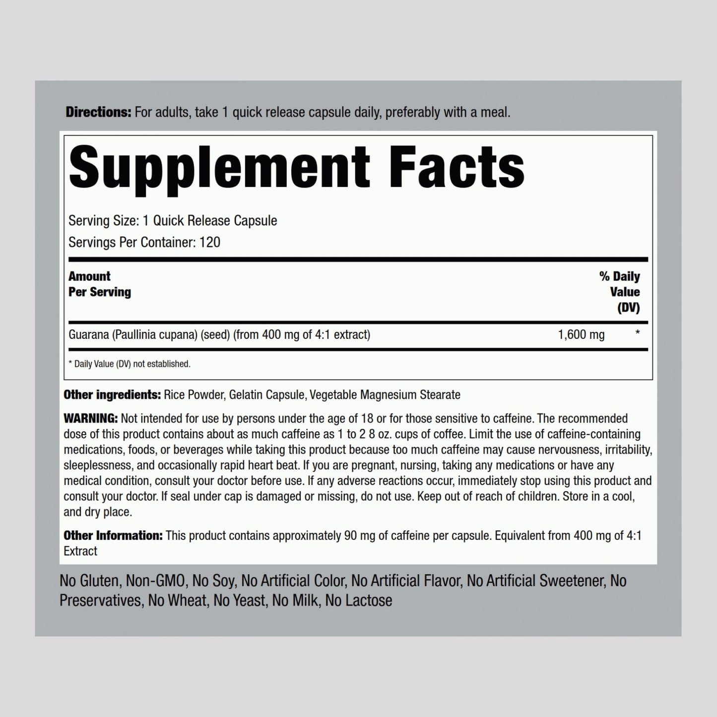 Piping Rock Guarana Capsules 1600 mg | 120 Count | Pack of 2 | Non-GMO Gluten Free