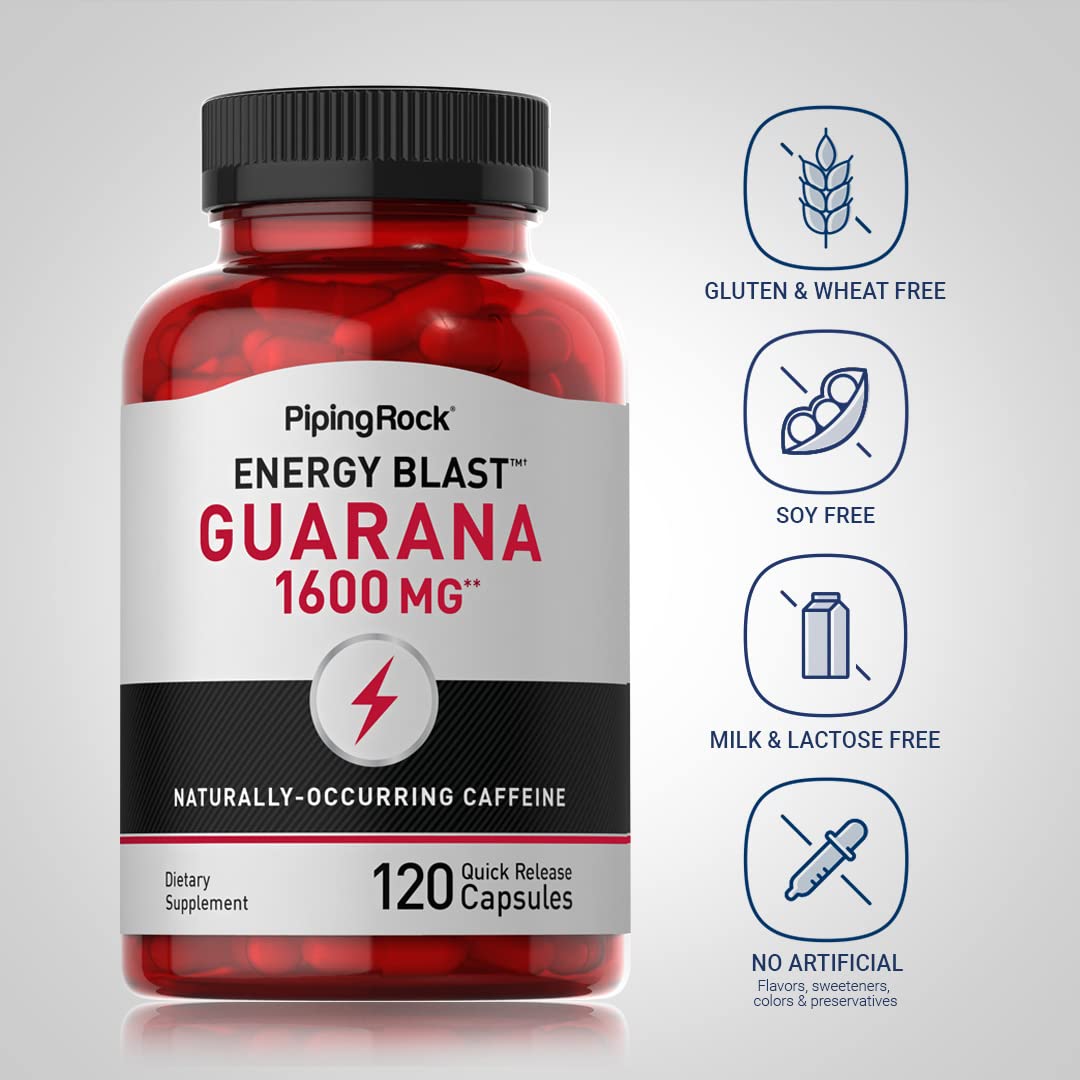 Piping Rock Guarana Capsules 1600 mg | 120 Count | Pack of 2 | Non-GMO Gluten Free