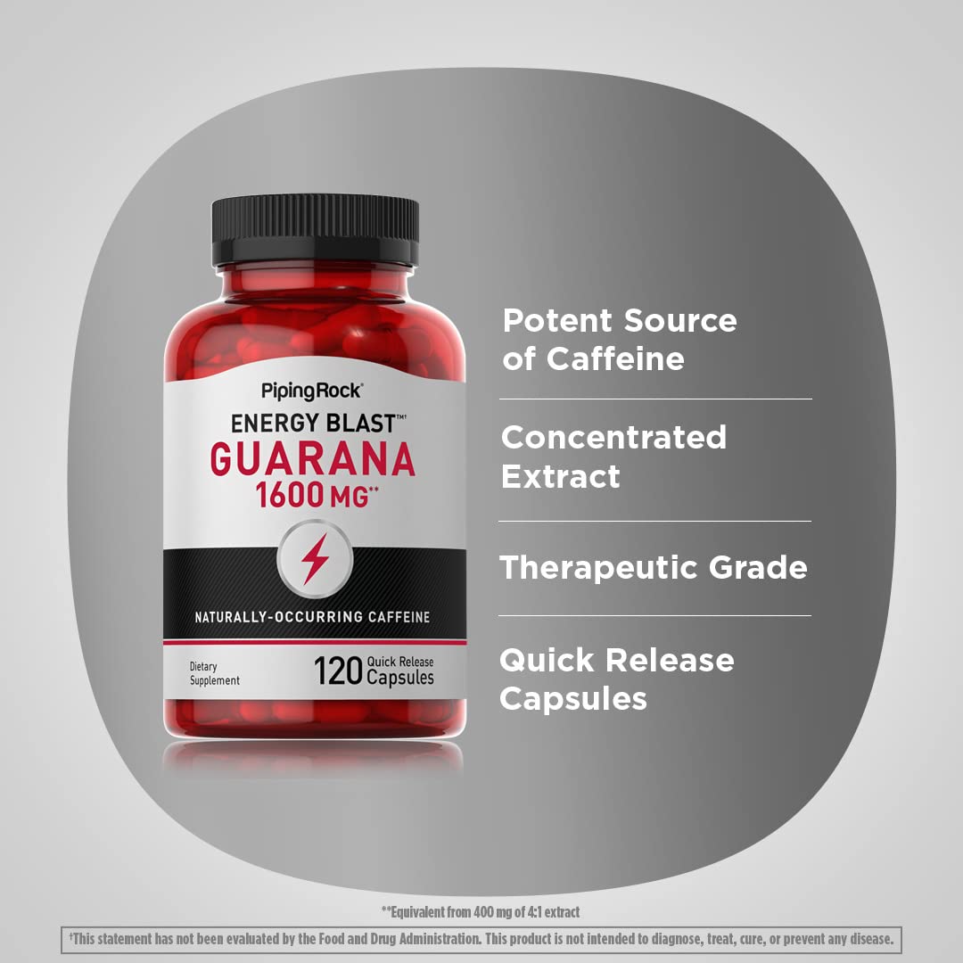 Piping Rock Guarana Capsules 1600 mg | 120 Count | Pack of 2 | Non-GMO Gluten Free
