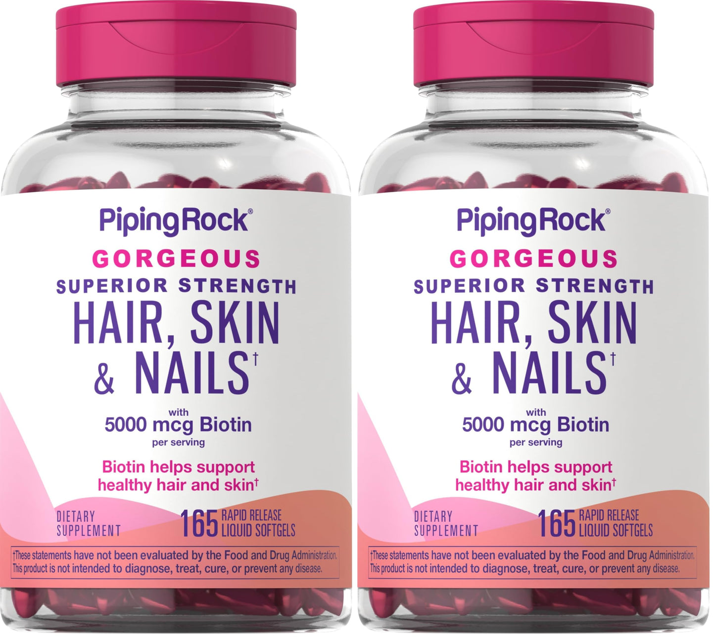 Piping Rock Hair Skin Nails Vitamins – 165 Softgels, 5000 mcg Biotin, Argan & Coconut Oil, Non-GMO (Pack of 2)