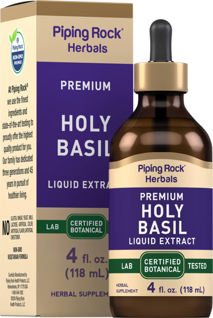 Piping Rock Holy Basil Liquid Extract – 4 Fl Oz | Tulsi Leaf Tincture, Vegetarian, Non-GMO, Gluten Free