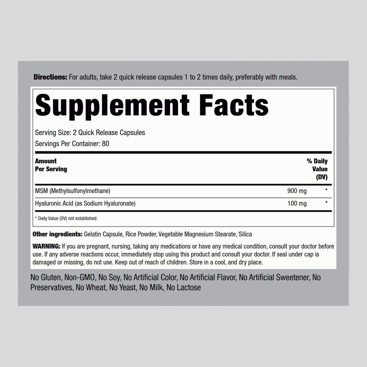 Piping Rock Hyaluronic Acid with MSM 1000mg | 160 Capsules | Pack of 2 | Non-GMO & Gluten Free