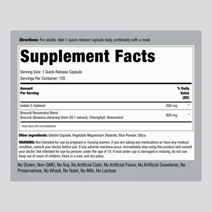Piping Rock Indole-3-Carbinol 200mg - 120 Capsules | I3C + Broccoli Extract | Non-GMO, Gluten Free