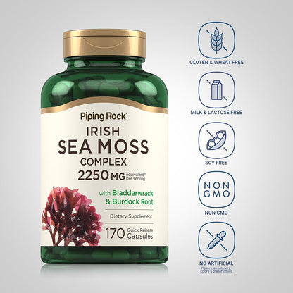 Piping Rock Irish Sea Moss Capsules 2250mg | Bladderwrack & Burdock | Non-GMO & Gluten Free | Pack of 2