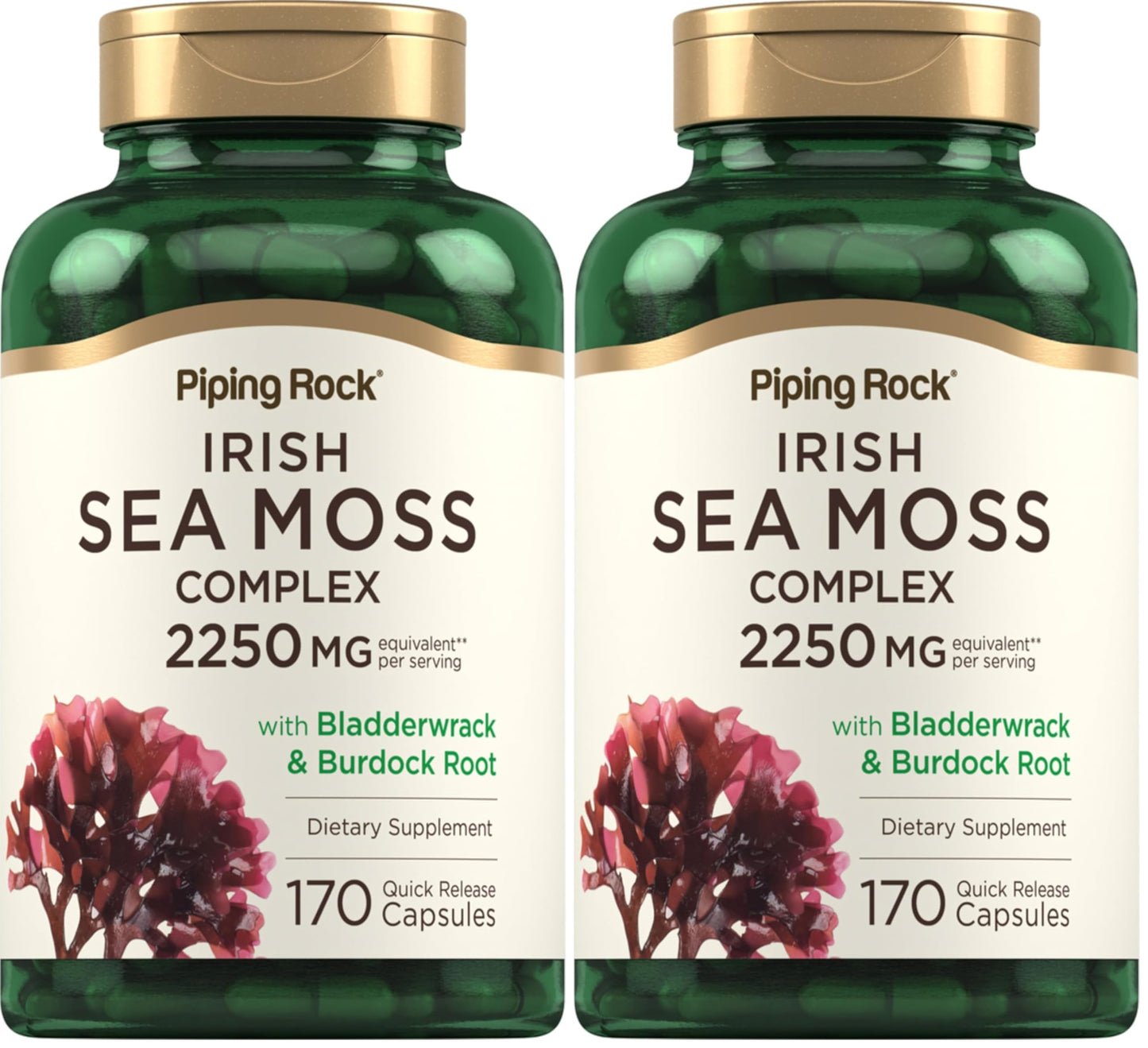Piping Rock Irish Sea Moss Capsules 2250mg | Bladderwrack & Burdock | Non-GMO & Gluten Free | Pack of 2