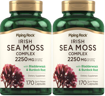 Piping Rock Irish Sea Moss Capsules 2250mg | Bladderwrack & Burdock | Non-GMO & Gluten Free | Pack of 2