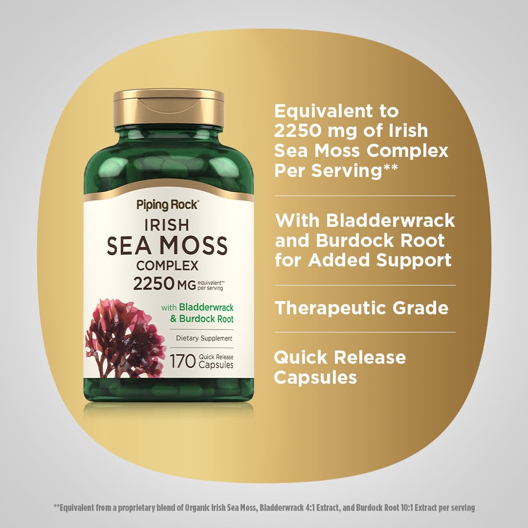 Piping Rock Irish Sea Moss Capsules 2250mg | Bladderwrack & Burdock | Non-GMO & Gluten Free | Pack of 2