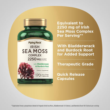 Piping Rock Irish Sea Moss Capsules 2250mg | Bladderwrack & Burdock | Non-GMO & Gluten Free | Pack of 2